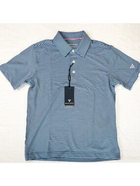 NWT Maelreg Boys Performance Polo Shirt Blue Denim Stripe Size 8 Moisture Wickin